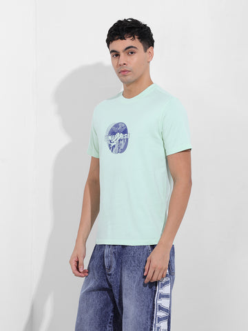 Men's Green Slim Fit Graphic Back Printed Round Neck T-shirt