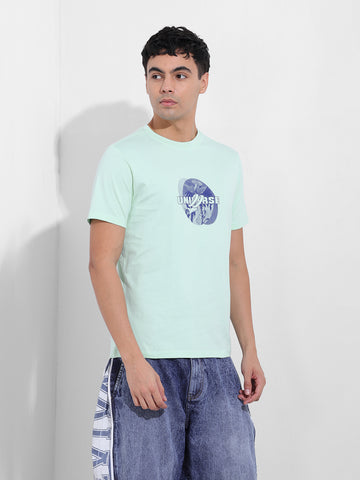 Men's Green Slim Fit Graphic Back Printed Round Neck T-shirt