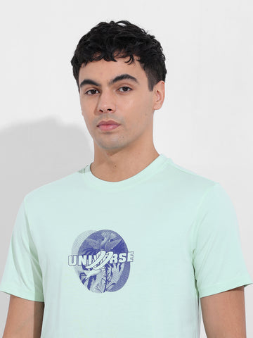 Men's Green Slim Fit Graphic Back Printed Round Neck T-shirt