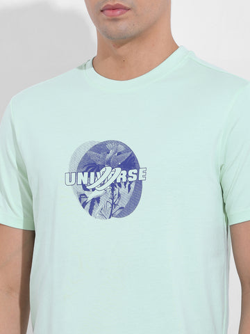 Men's Green Slim Fit Graphic Back Printed Round Neck T-shirt