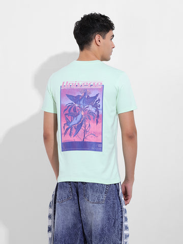 Men's Green Slim Fit Graphic Back Printed Round Neck T-shirt