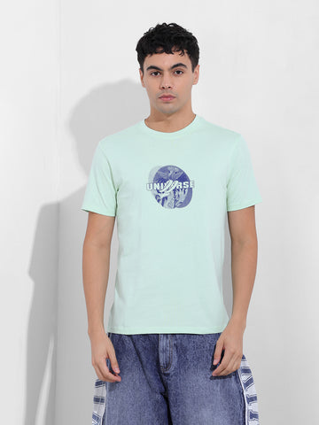 Men's Green Slim Fit Graphic Back Printed Round Neck T-shirt