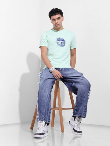 Men's Green Slim Fit Graphic Back Printed Round Neck T-shirt