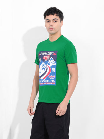 Men's Green Slim Fit Placement Print Round Neck T-shirt