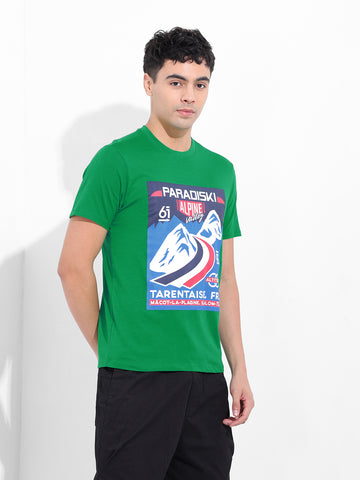Men's Green Slim Fit Placement Print Round Neck T-shirt