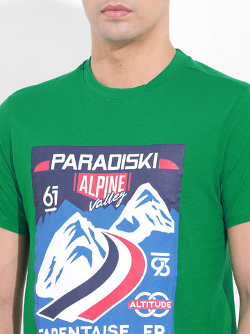 Men's Green Slim Fit Placement Print Round Neck T-shirt
