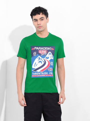 Men's Green Slim Fit Placement Print Round Neck T-shirt