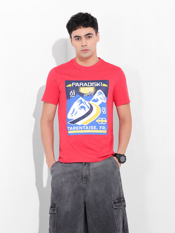 Men's Red Slim Fit Placement Print Round Neck T-shirt