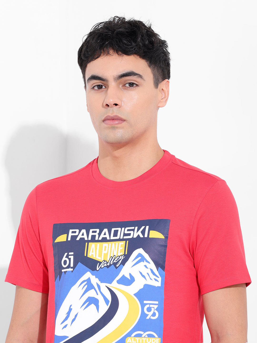 Men's Red Slim Fit Placement Print Round Neck T-shirt