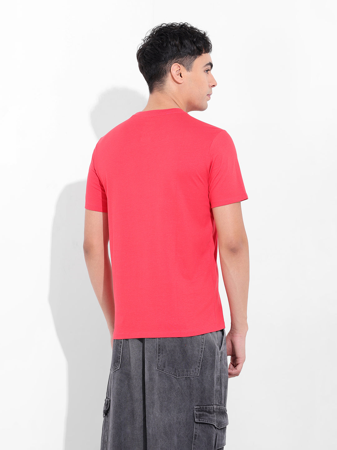Men's Red Slim Fit Placement Print Round Neck T-shirt