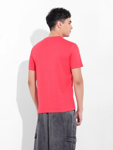Men's Red Slim Fit Placement Print Round Neck T-shirt
