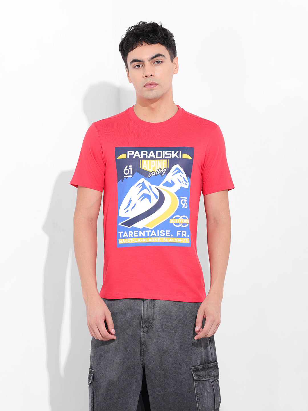 Men's Red Slim Fit Placement Print Round Neck T-shirt