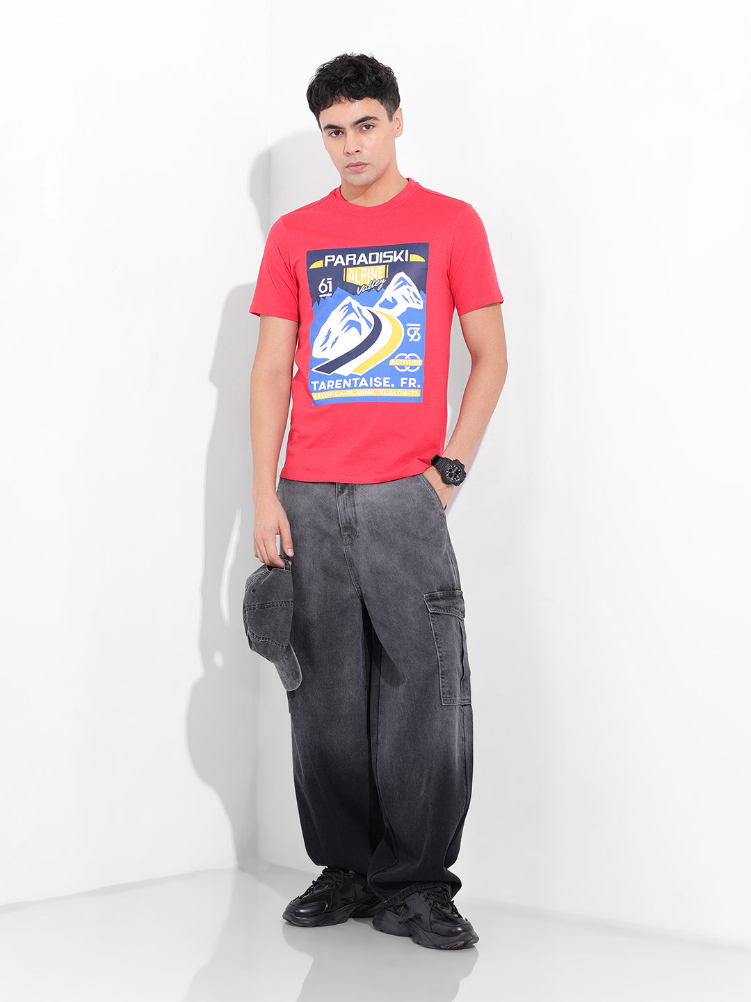 Men's Red Slim Fit Placement Print Round Neck T-shirt