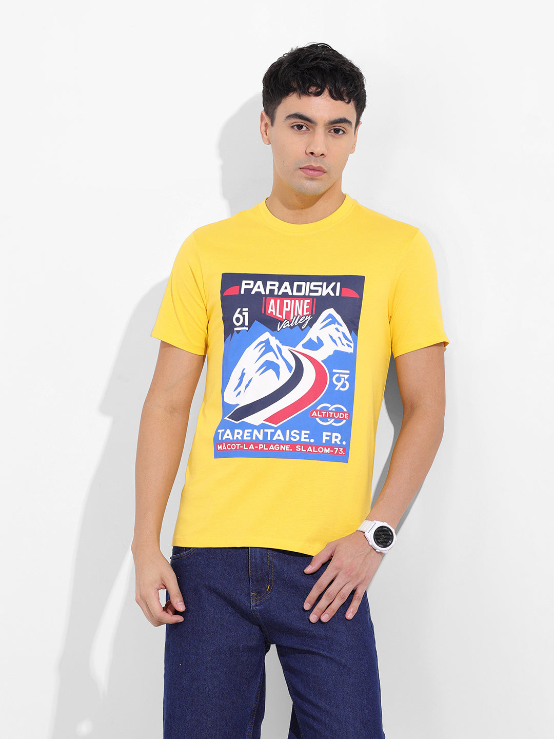 Men's Yellow Slim Fit Placement Print Round Neck T-shirt