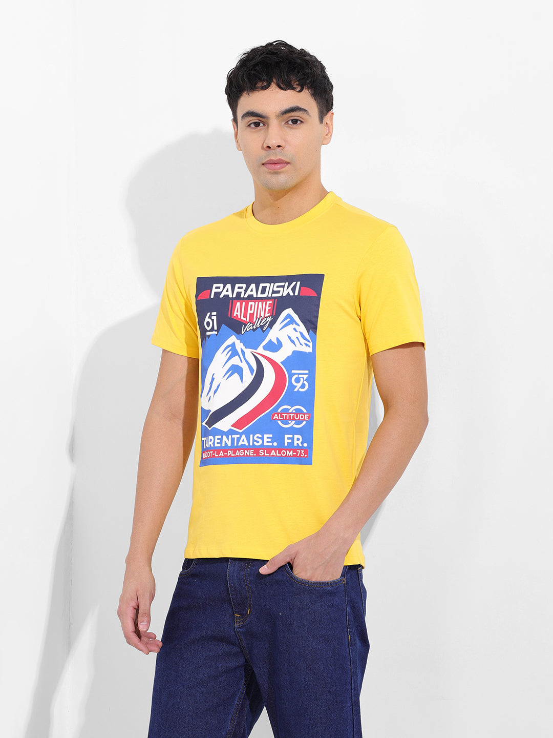Men's Yellow Slim Fit Placement Print Round Neck T-shirt
