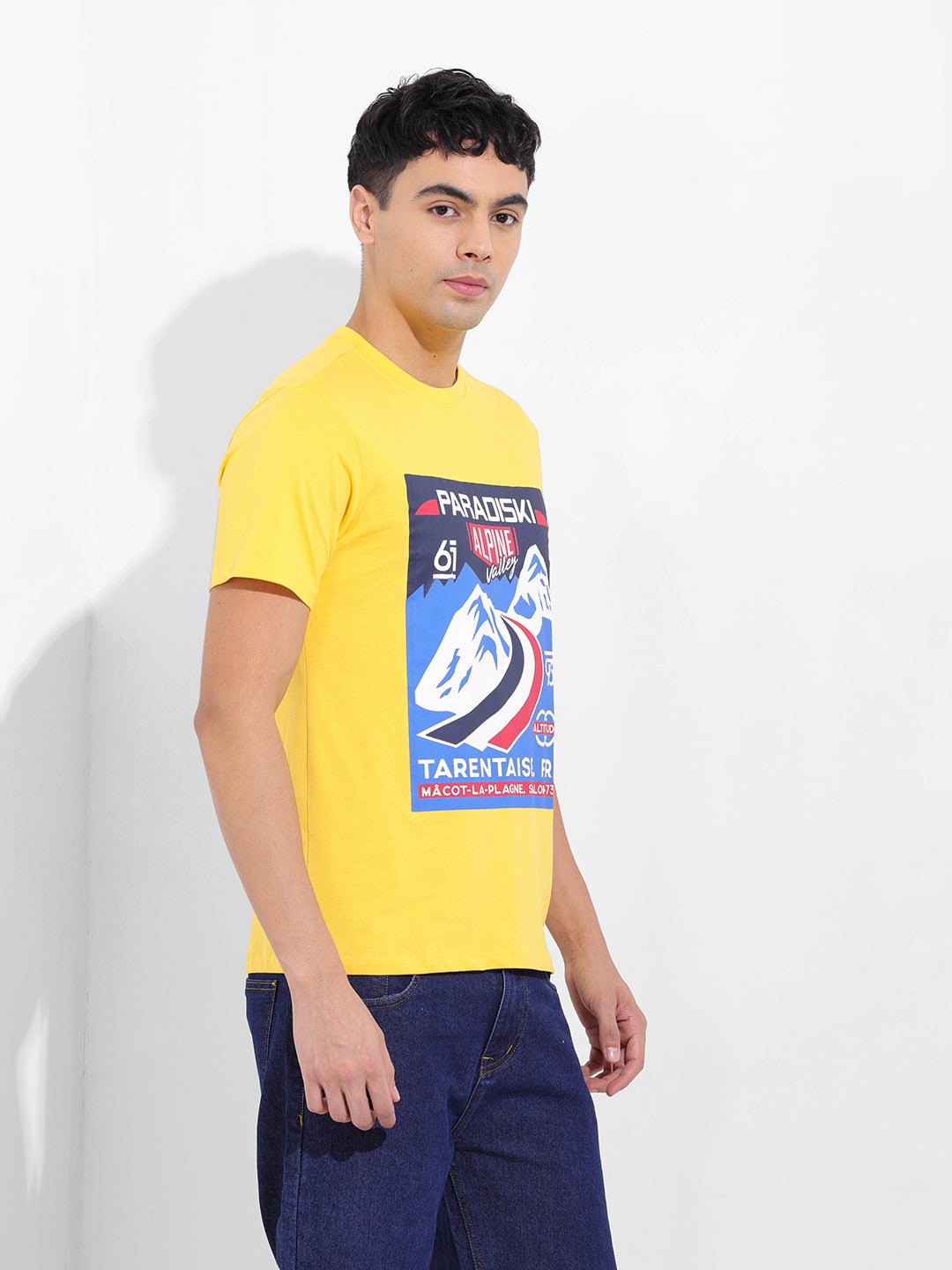 Men's Yellow Slim Fit Placement Print Round Neck T-shirt