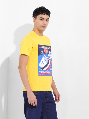 Men's Yellow Slim Fit Placement Print Round Neck T-shirt