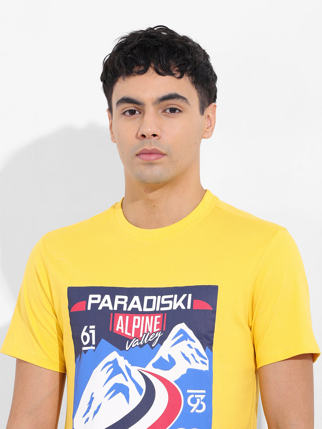 Men's Yellow Slim Fit Placement Print Round Neck T-shirt