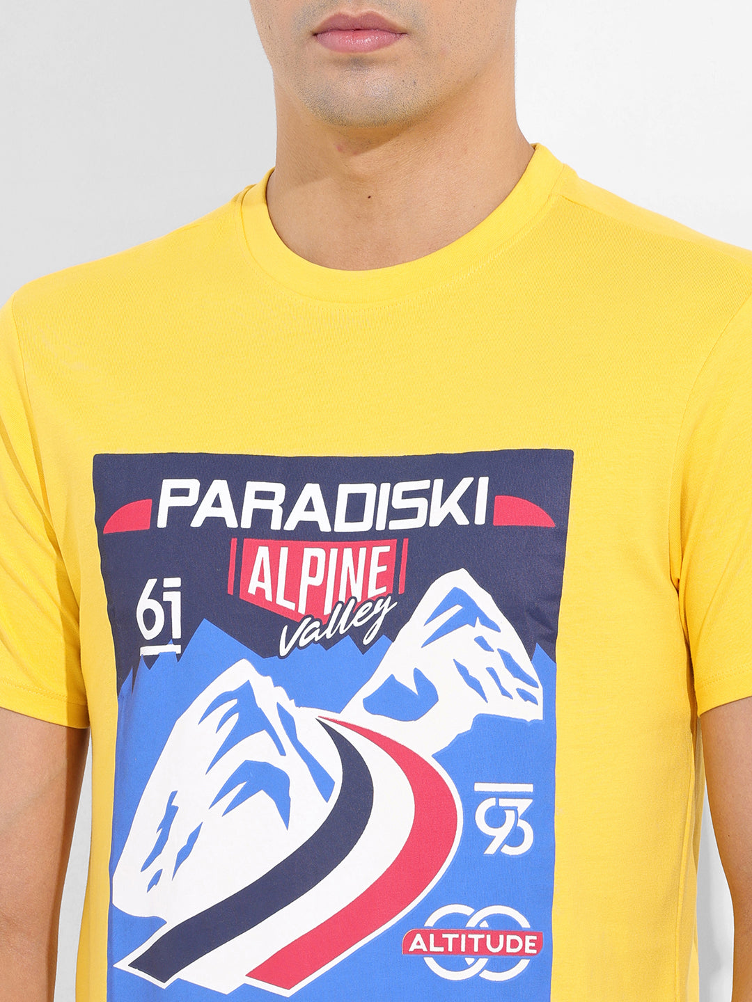 Men's Yellow Slim Fit Placement Print Round Neck T-shirt