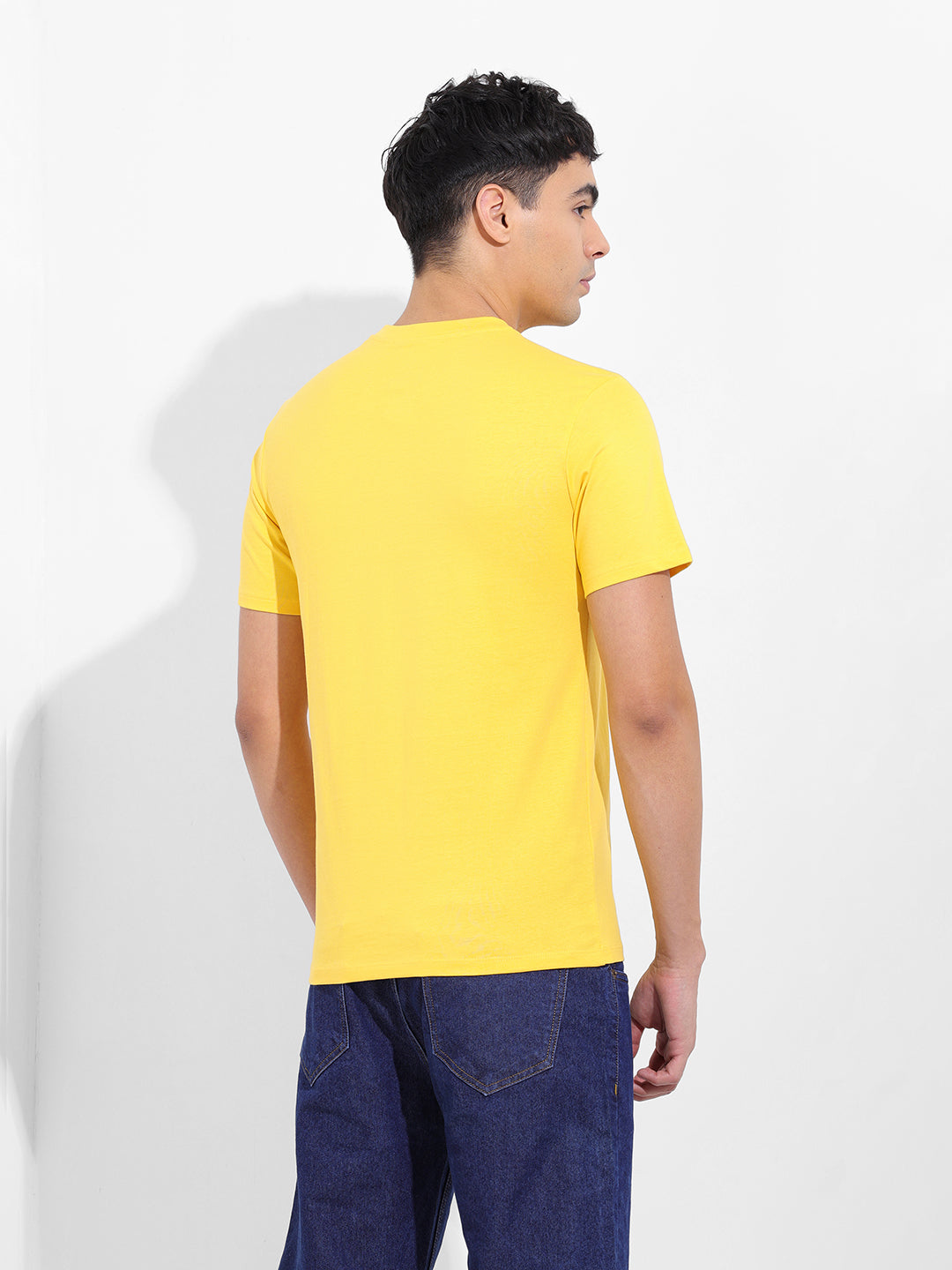 Men's Yellow Slim Fit Placement Print Round Neck T-shirt