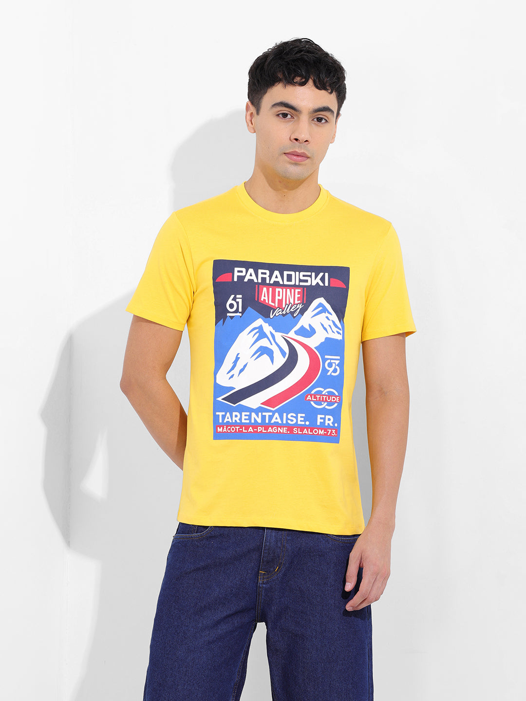 Men's Yellow Slim Fit Placement Print Round Neck T-shirt