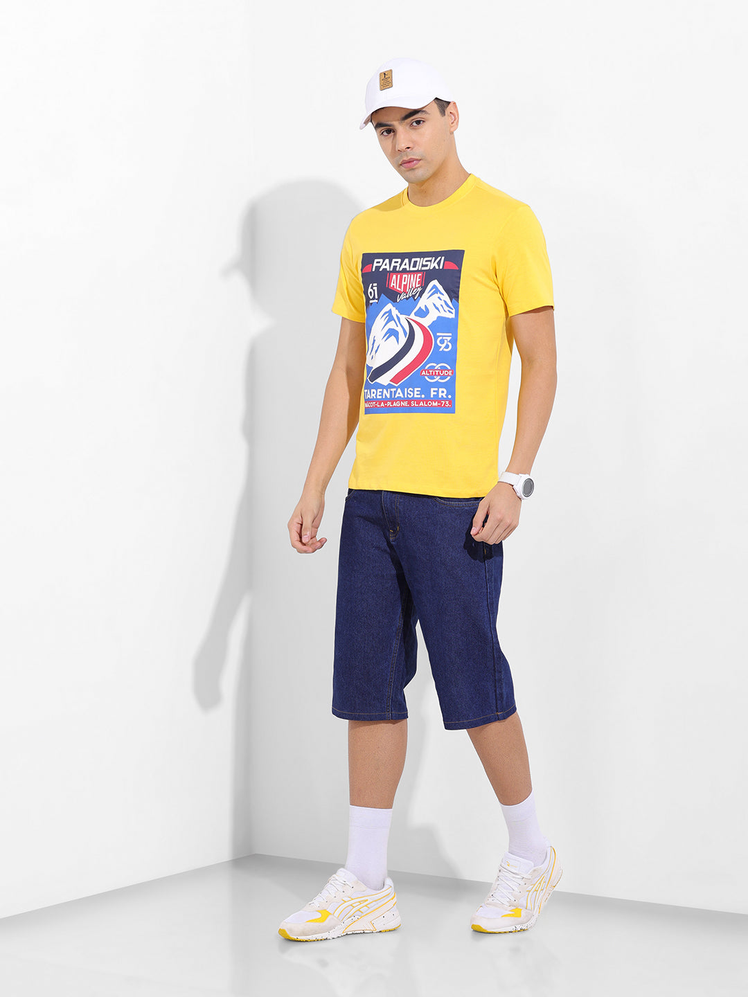 Men's Yellow Slim Fit Placement Print Round Neck T-shirt