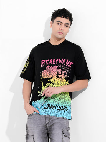 Men's Black Boxy Oversized Placement Print Round Neck T-shirt