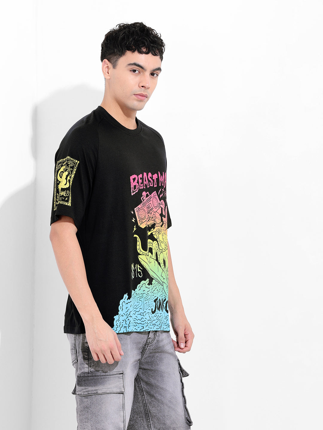 Men's Black Boxy Oversized Placement Print Round Neck T-shirt