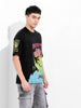 Men's Black Boxy Oversized Placement Print Round Neck T-shirt