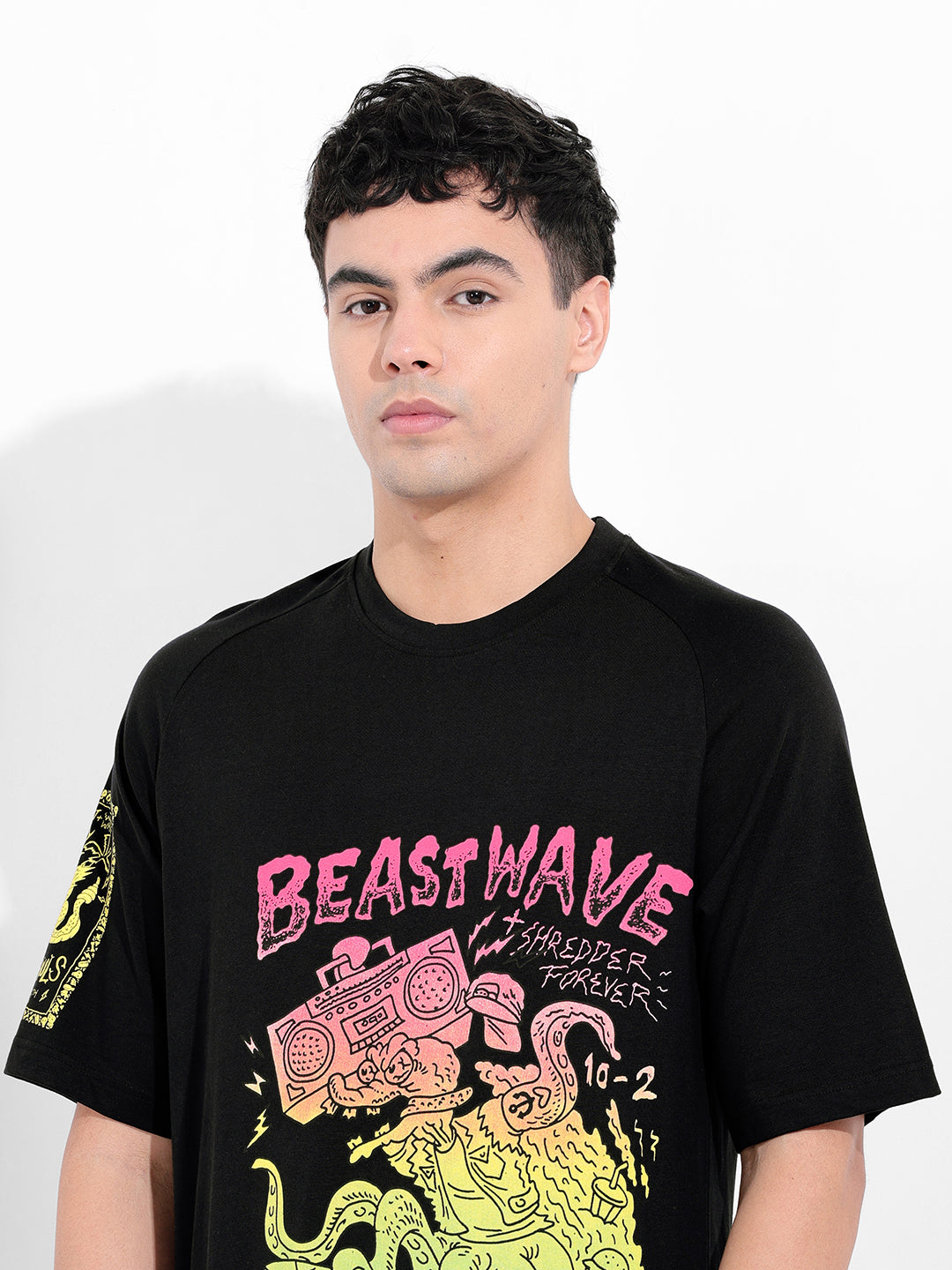 Men's Black Boxy Oversized Placement Print Round Neck T-shirt