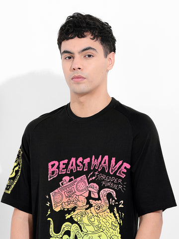 Men's Black Boxy Oversized Placement Print Round Neck T-shirt