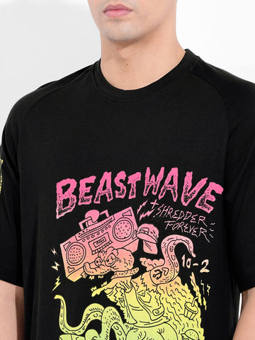 Men's Black Boxy Oversized Placement Print Round Neck T-shirt