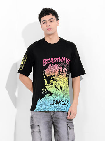Men's Black Boxy Oversized Placement Print Round Neck T-shirt