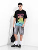 Men's Black Boxy Oversized Placement Print Round Neck T-shirt