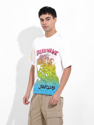 Men's White Boxy Oversized Placement Print Round Neck T-shirt