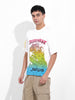 Men's White Boxy Oversized Placement Print Round Neck T-shirt