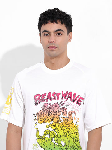 Men's White Boxy Oversized Placement Print Round Neck T-shirt