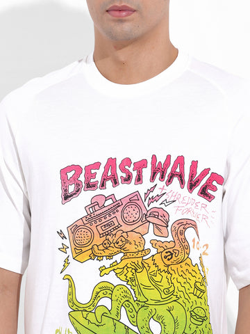 Men's White Boxy Oversized Placement Print Round Neck T-shirt