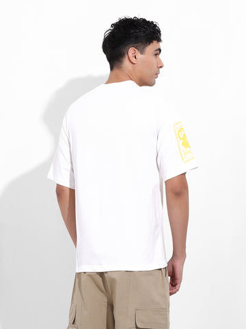 Men's White Boxy Oversized Placement Print Round Neck T-shirt