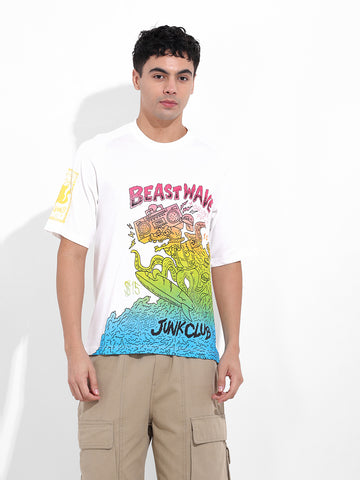 Men's White Boxy Oversized Placement Print Round Neck T-shirt