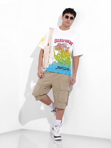 Men's White Boxy Oversized Placement Print Round Neck T-shirt