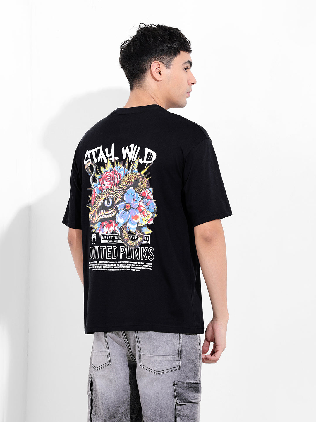Men's Black Boxy Oversized Graphic Back Printed Round Neck T-shirt