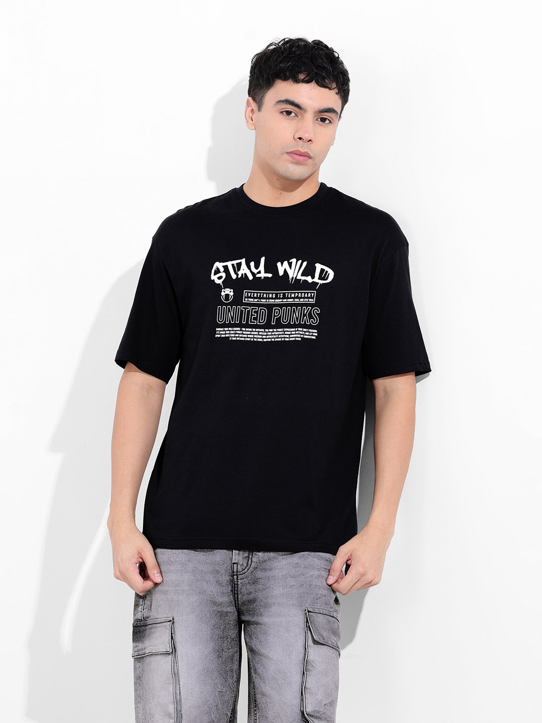Men's Black Boxy Oversized Graphic Back Printed Round Neck T-shirt