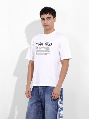 Men's White Boxy Oversized Graphic Back Printed Round Neck T-shirt