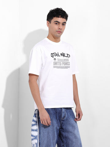 Men's White Boxy Oversized Graphic Back Printed Round Neck T-shirt