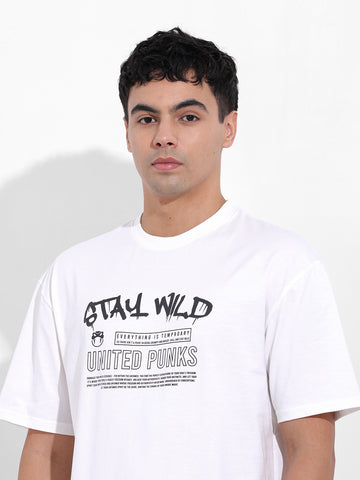 Men's White Boxy Oversized Graphic Back Printed Round Neck T-shirt