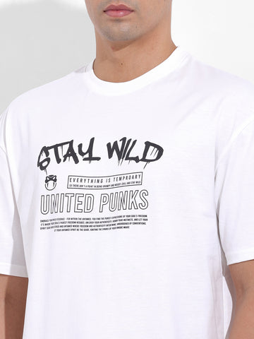 Men's White Boxy Oversized Graphic Back Printed Round Neck T-shirt