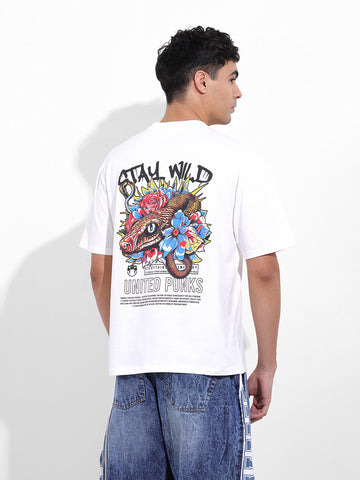 Men's White Boxy Oversized Graphic Back Printed Round Neck T-shirt