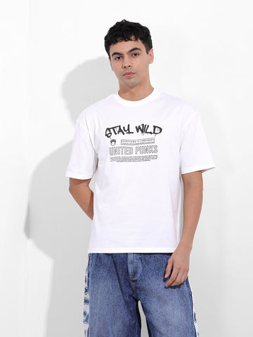 Men's White Boxy Oversized Graphic Back Printed Round Neck T-shirt