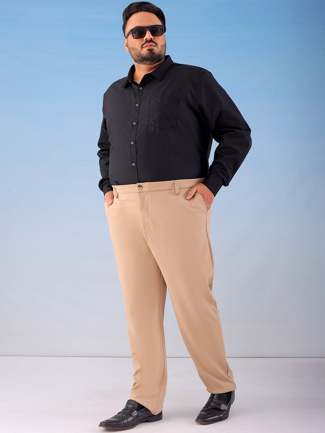 Shop Men's Khaki Regular Fit Self Design Plus Size Chinos Online.